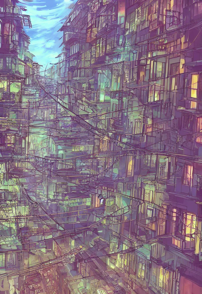 Image similar to DMT city, back alley full of balconies and fire escapes and air conditioners and power lines, anime style cell shader concept art