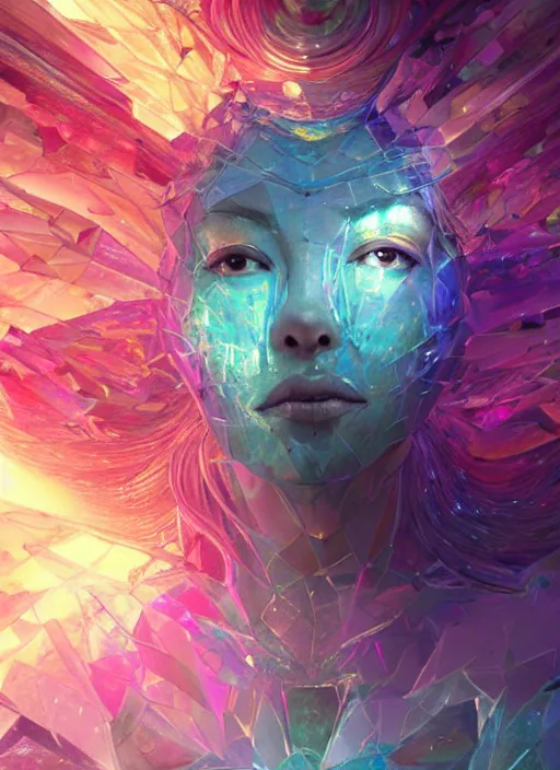 Prompt: a photo of 8 k ultra realistic corrupted rainbow shard humanoid queen meditating, swarm of transparent glass shards, d & d, fantasy, cinematic lighting, highly detailed, artstation, concept art, smooth, sharp focus, illustration, warm light, cozy warm tint, magic the gathering artwork, volumetric lighting, art by akihiko yoshida, greg rutkowski