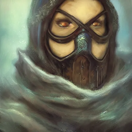 Image similar to “ fantasy, snow, bandit ‘ icewind dale ’ with mask, portrait by ‘ justin sweet ’, soft focus, illustrated, oil paint, cinematic ”