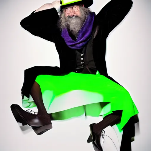 Image similar to man with neon green clothing, a scarf and a tophat sitting down in a black void,