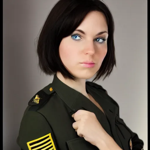 Prompt: brunette woman, bright green eyes, short hair, flipped out hair, military uniform, serious