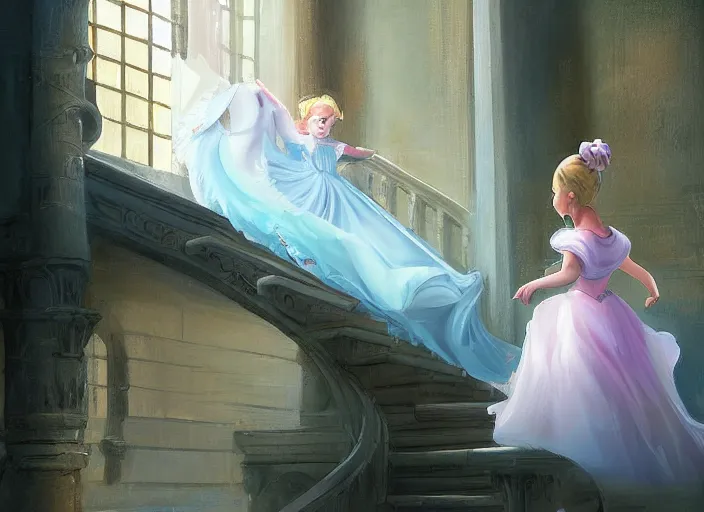 Prompt: a princess runing down a stair, cinderella, by wlop