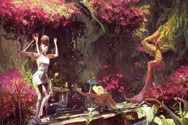 Image similar to pulp scifi illustration, elegant woman meets lizard alien in beautiful garden, flowers, baobab trees, distant town in valley and hills, spacehip lands, by norman rockwell, jack kirby, john berkey, bergey, craig mullins, ruan jia, raymond swanland, jeremy mann, beksinski, tom lovell, alex malveda, schomburg