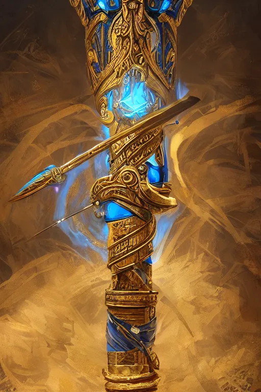 Image similar to fantasy greg rutkowski digital painting of an ornate and royal egyptian old twisted ornate engraved with gold wooden staff weapon with a radiant blue crystal on top tip hovering, unreal engine, hyper realism, realistic shading, cinematic composition, blender render, octane render, hdr, detailed textures, photorealistic, 3 5 mm film