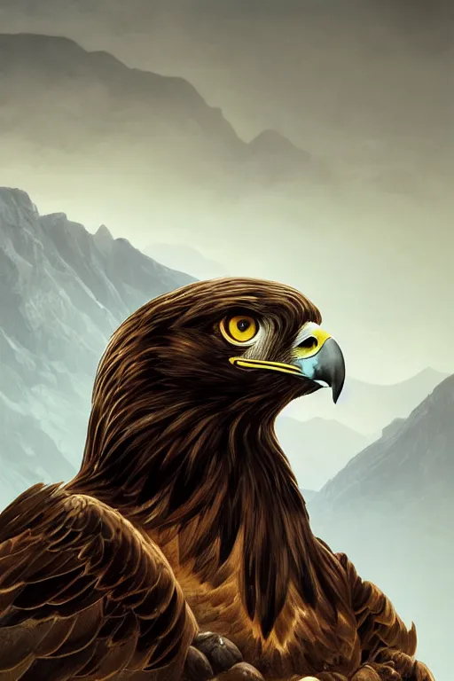 Image similar to portrait, golden eagle on his Nest in the mountains, face portrait, raphael lacoste, eddie mendoza, alex ross, concept art, matte painting, highly detailed, rule of thirds, dynamic lighting, cinematic, detailed, denoised, centerd