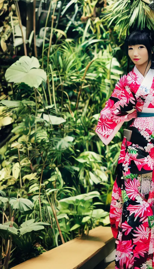 Image similar to photograph of a beautiful Japanese woman wearing a pretty kimono in a tropical greenhouse, by Annie Leibowiz, extremely detailed, large format camera, Fuji Provia, bokeh, photorealistic, trending on artstation, trending on instagram