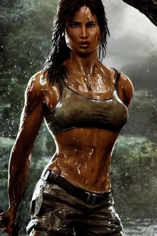 Image similar to a film still of lara croft, close up face detail, muscular, wet body, model photography, wet dripping hair, emerging from the water