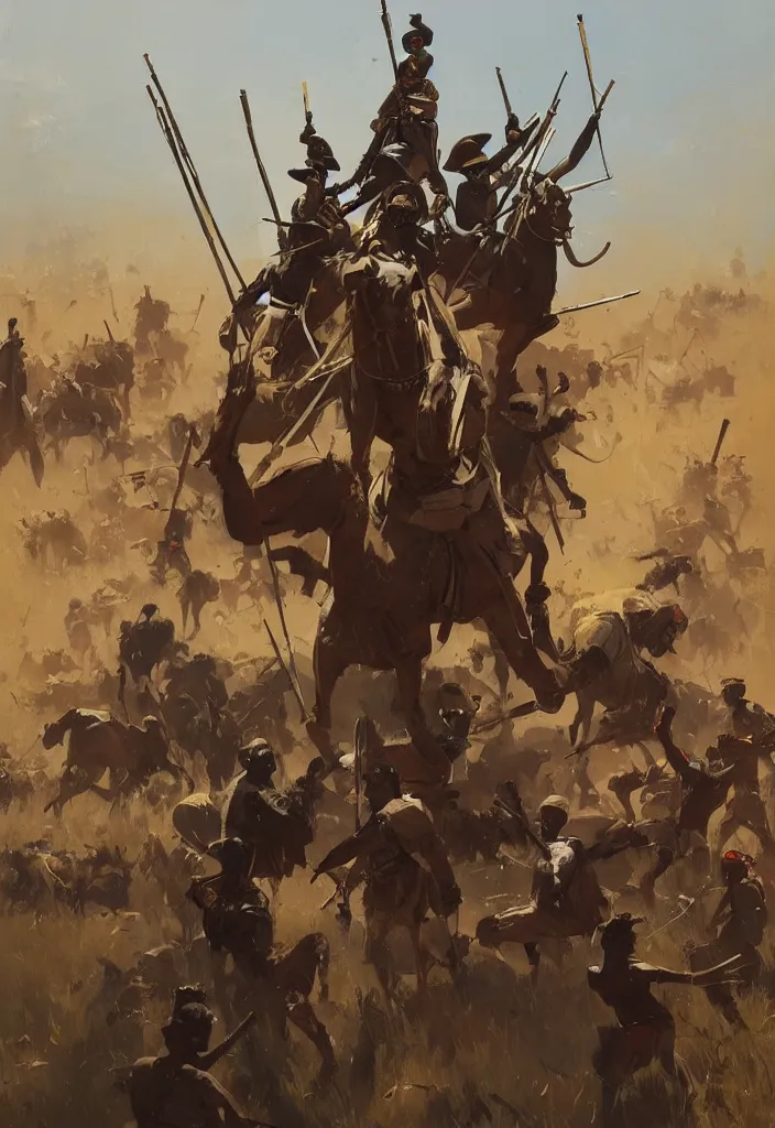 Image similar to ismail inceoglu painting of the zulu war, painting, art concept for a book cover, trending on artstation, by greg manchess and by craig mullins and by kilian eng and by jake parker