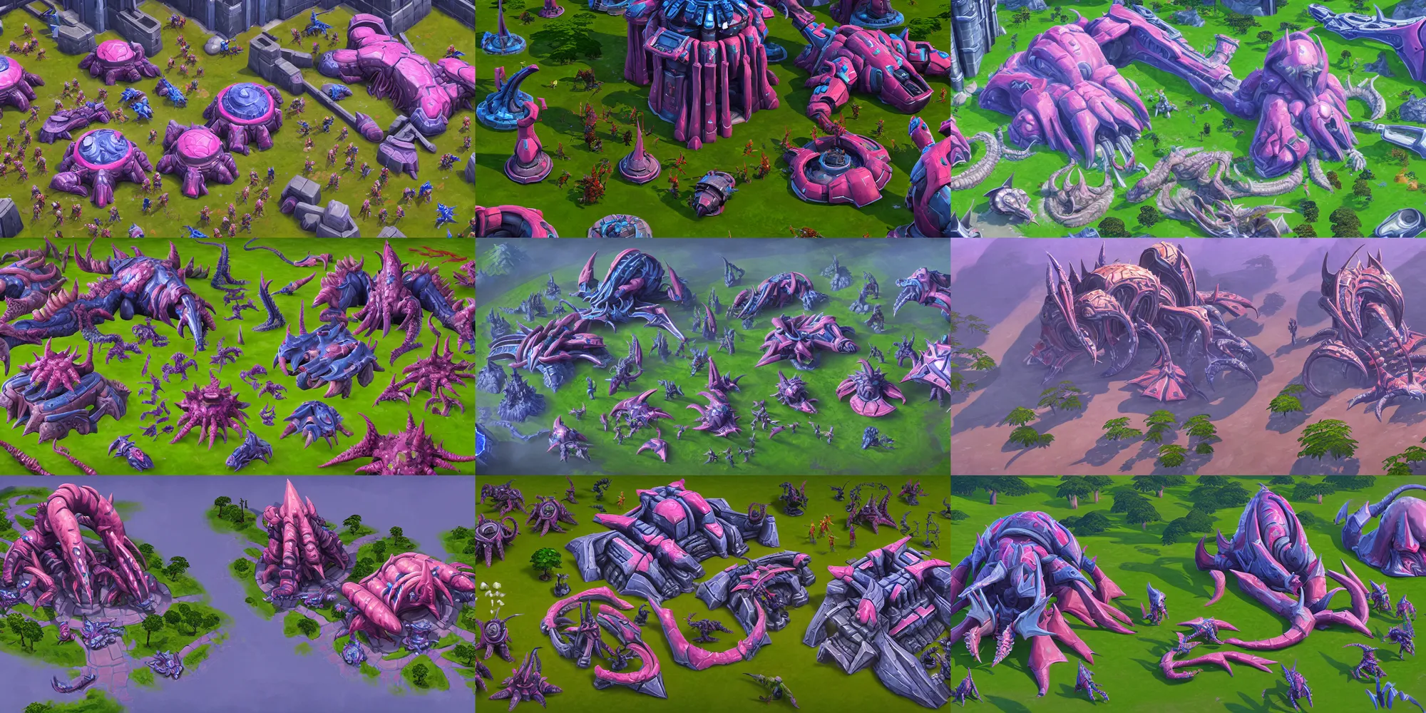 Prompt: game asset of the sims terran building infused with zerg hydralisk, in gouache detailed paintings, props, stylized, 2 d sprites, kitbash, arcane, overwatch, blue and pink color scheme, 8 k, close up
