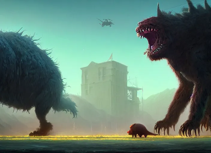 Image similar to giant monstrous aggressive furry creature lurking over a cowering smaller creature, in the foreground a small town, epic science fiction horror digital matte painting by Simon Stalenhag and Mark Brooks (and Greg Rutkowski), extremely detailed, artstation