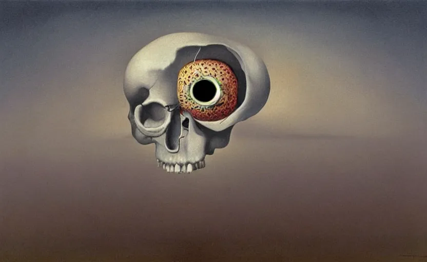 Prompt: a surrealistic painting of a human skull with real eyeballs, in the style of rene magritte and zdzislaw beksinski and mark ryden, digital art, detailed masterpiece