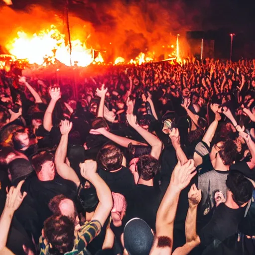 Image similar to photograph of an outdoor hardcore punk show, mosh pit, fire