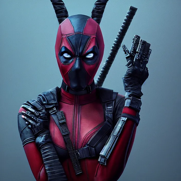 Image similar to charlize theron as lady deadpool. intricate abstract. intricate artwork. by tooth wu, wlop, beeple, dan mumford. octane render, trending on artstation, greg rutkowski very coherent symmetrical artwork. cinematic, hyper realism, high detail, octane render, 8 k, iridescent accents