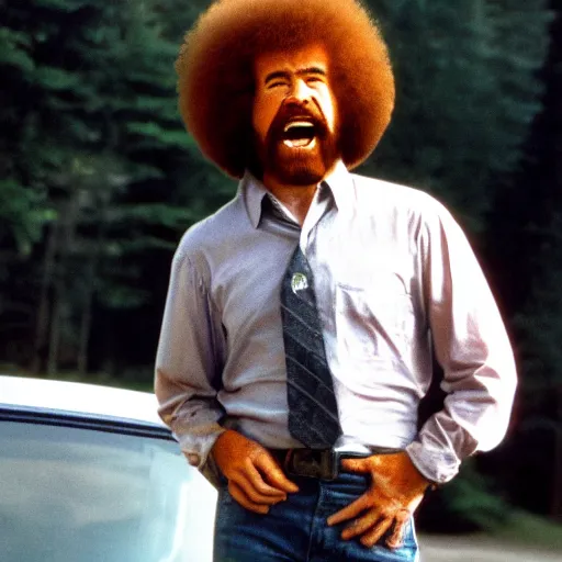 Prompt: bob ross hanging outside of a car window and screaming on a bad acid trip