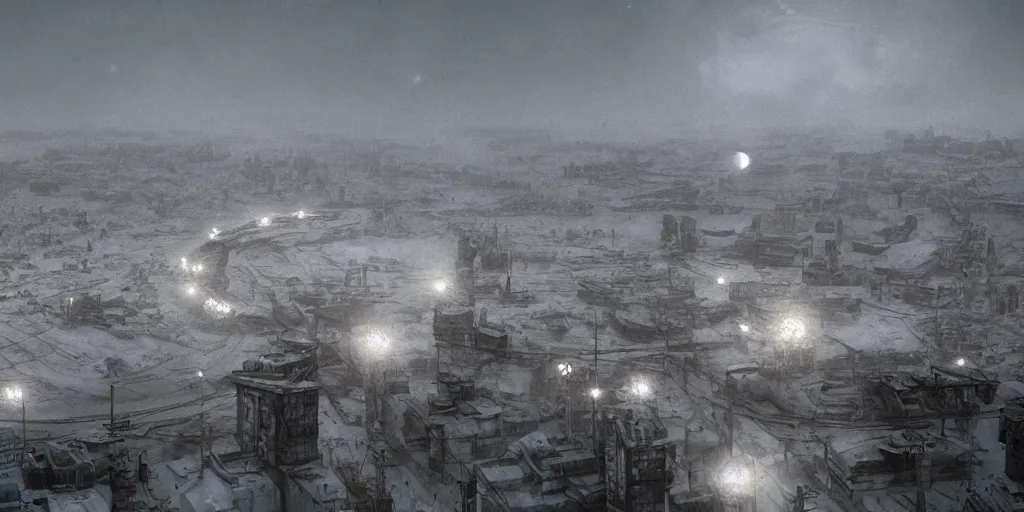 Prompt: cinematic shot of a city in the moon's hollow, norilsk russian orbit city cityscape, telephoto, iconic scene from the paranoid thriller sci fi film directed by stanley kubrick, anamorphic cinematography, beautiful composition, color theory, leading lines, photorealistic, moody volumetric lighting