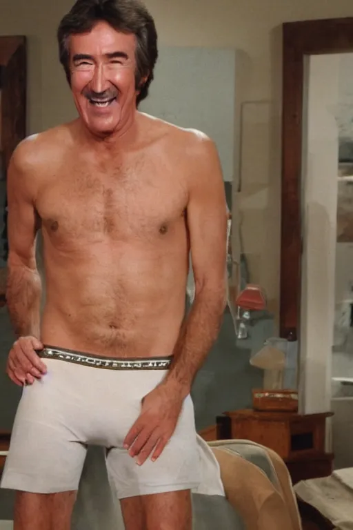 Image similar to Randy Mantooth laughing, dressed in underpants that are stained yellow and brown, highly detailed, 8k,