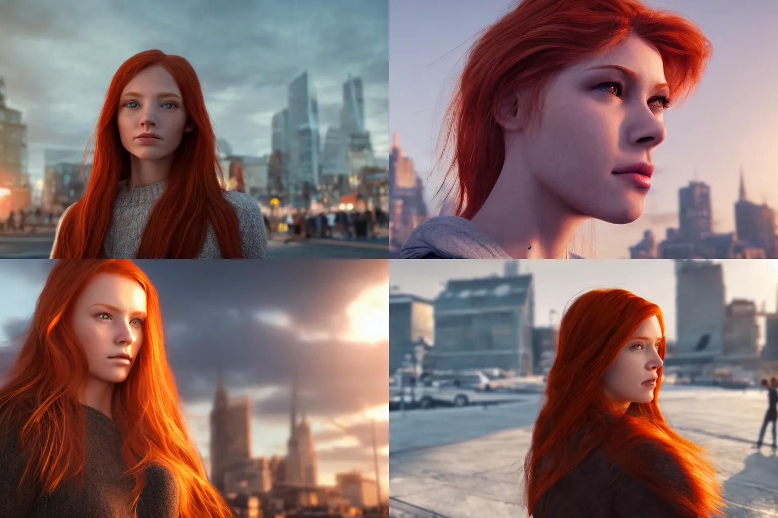 Image similar to hyperrealistic portrait of stunningly beautiful redhead nordic girl, lit in a dawn light, busy city on background, trending on artstation,ultrawide angle, f8 , polarizer , unreal engine