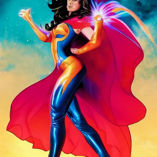Prompt: comic book cover art, full-body shot of a beautiful and excited female superhero surrounded by fiery explosions, symmetrical face, long dark hair, well-endowed, accentuated feminine features, wearing a latex bodysuit and flowing rainbow cape, comic book realism, volumetric lighting, cel shading, highly detailed character design, art by David Nakayama and Jorge Jiménez, ArtStation, vibrant colors