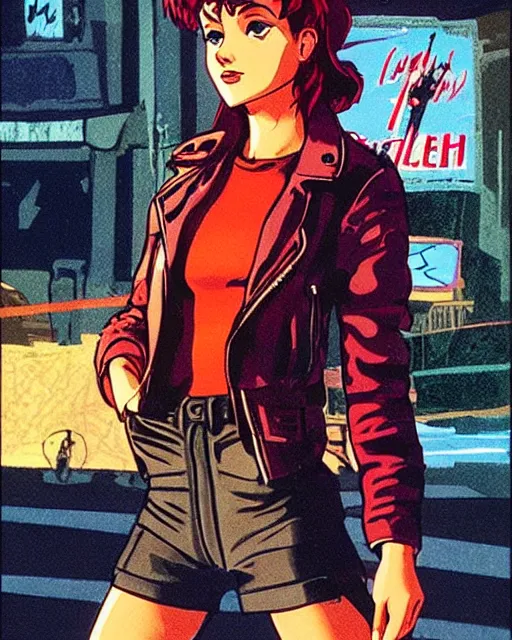 Image similar to portrait of an attractive young female protagonist wearing leather jacket, center focus, in city street, frank miller, ralph bakshi