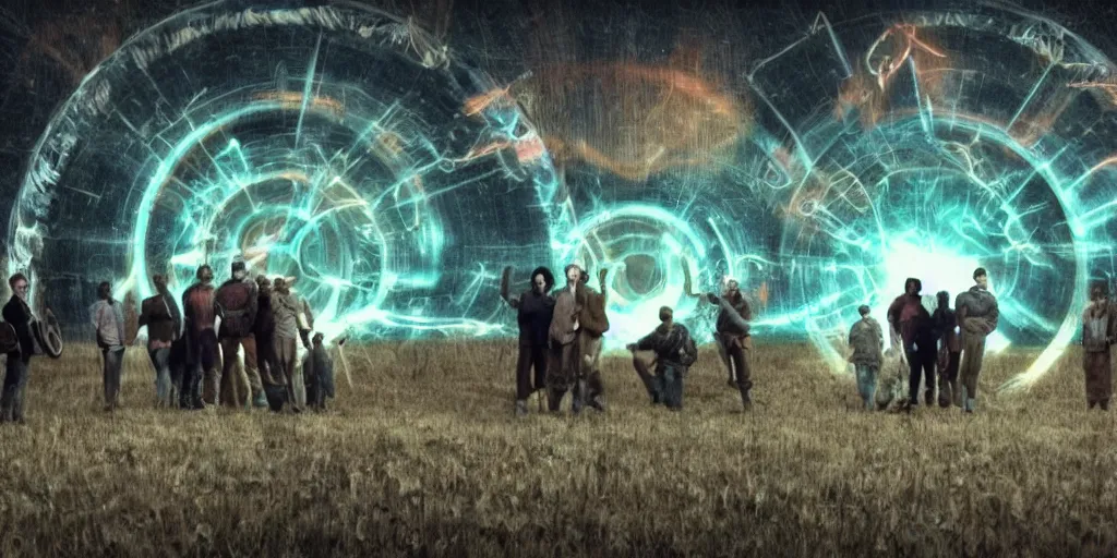 Prompt: A group of Ophanim with their wheels shimmering hovers over a group of shepherds in a field, Theophanes, screenshot of found footage, VHS, chromatic aberration, grainy, blurry, photo realistic, viral