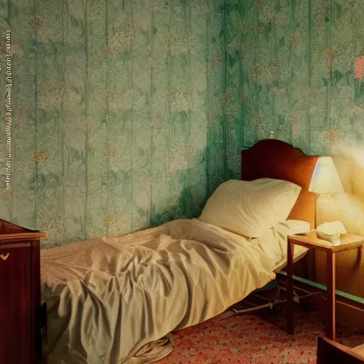 Image similar to a lonely girl in a liminal hotel room, art nouveau wallpaper, film still by wes anderson, depicted by balthus, limited color palette, very intricate, art nouveau, highly detailed, lights by hopper, soft pastel colors, minimalist