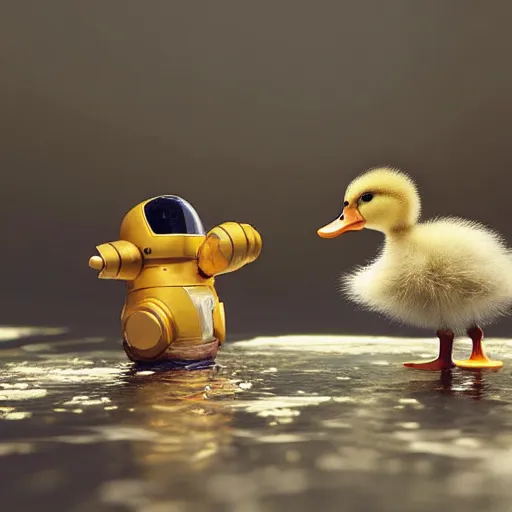 Image similar to A little duckling floating in space with an astronaut suit, 4k, photograph, photoreal, realistic, highly detailed, epic lighting, awar winning