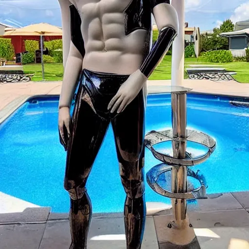 Image similar to “a realistic detailed photo of a guy who is an attractive humanoid who is half robot and half humanoid, who is a male android, twitch streamer Ninja Tyler Blevins, shiny skin, posing like a statue, blank stare, by the pool as a pool boy , display”