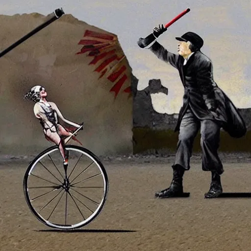 Prompt: Vladimir putin in drag riding a unicycle through a battlefield, banksy