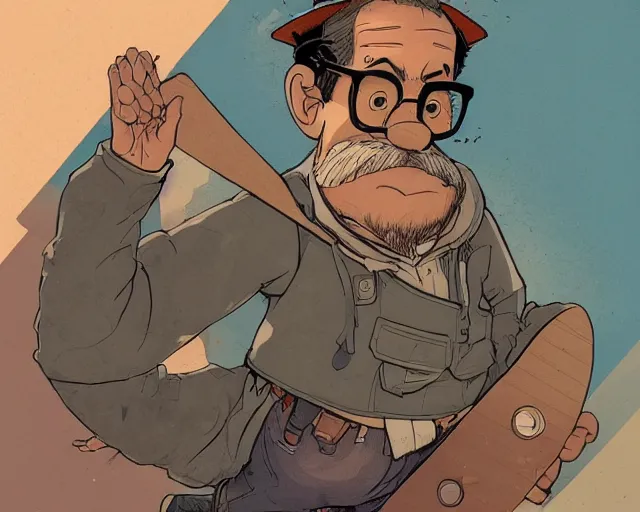 Image similar to a study of cell shaded cartoon of the old man from up on a skateboard, illustration, wide shot, subtle colors, post grunge, concept art by josan gonzales and wlop, by james jean, Victo ngai, David Rubín, Mike Mignola, Laurie Greasley, highly detailed, sharp focus, alien, Trending on Artstation, HQ, deviantart, art by artgem