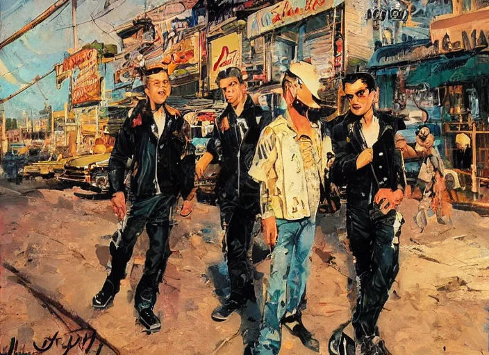 Prompt: rockabilly band 1950s, high detail, golden hour, 8K, by John Berkey