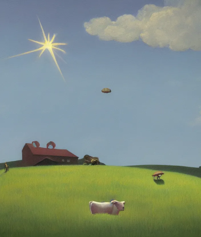 Image similar to a highly detailed painting of a stylized cartoon ufo beaming up a cow on a meadow, ufo has green light beam, very fine brush strokes, baby blue sky with aesthetic clouds, in the style of edward hopper, 4 k,