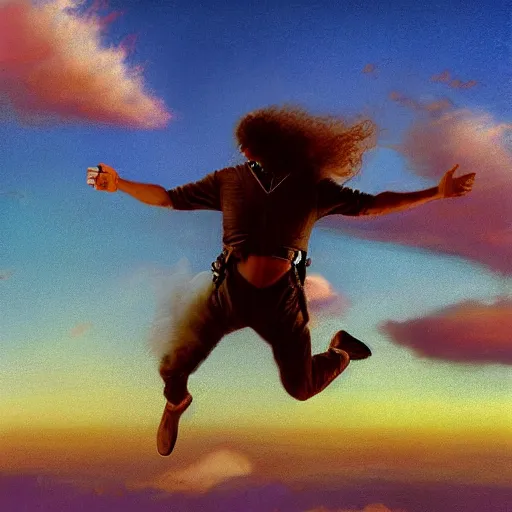 Prompt: egyptian man with long curly hair skydiving, dreamy clouds, pastel tones, by jose miguel roman frances