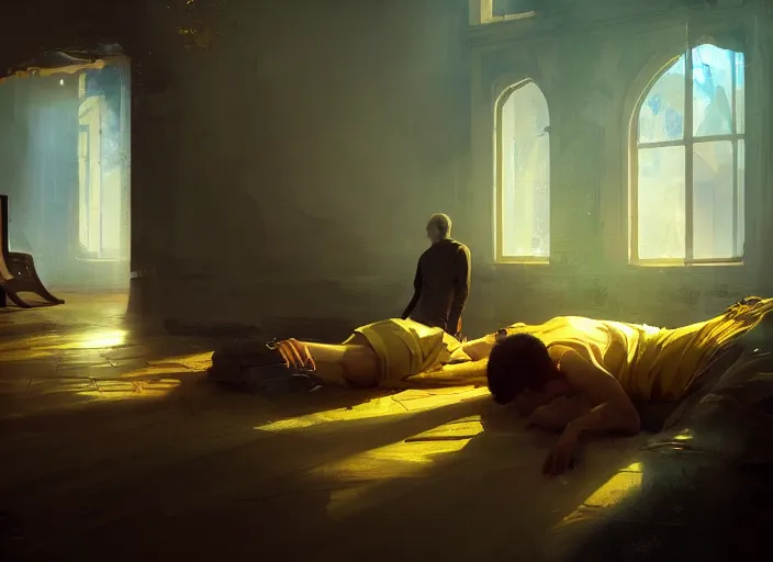 Image similar to the rich golden house and silhouette man lying on the floor alone around volumetric lighting, digital painting, highly detailed, artstation, sharp focus, illustration, concept art, ruan jia, steve mccurry, amazing composition