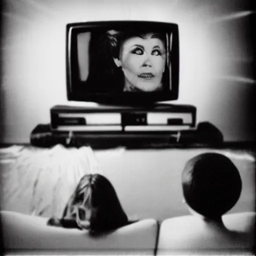 Prompt: woman watching tv screens old television poltergeist room, creepy, 8 mm, found footage