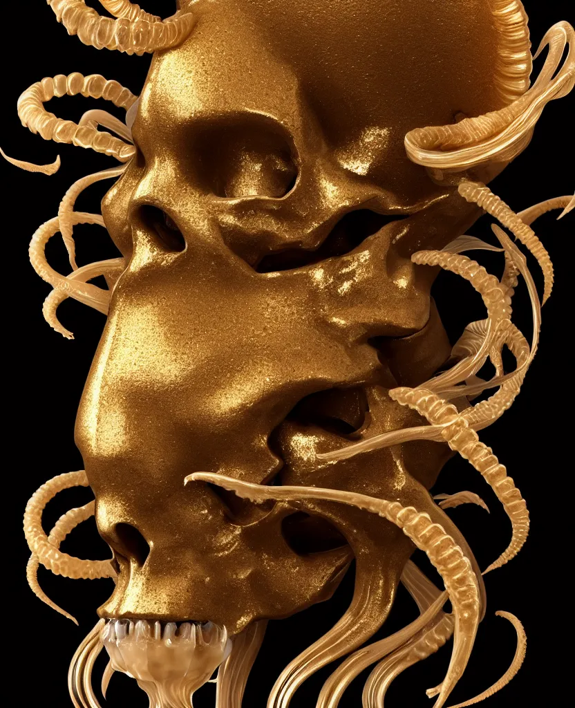 Image similar to black background. goddess princess face close-up portrait ram skull. sculpture made of gold and brilliants. jellyfish phoenix head, nautilus, orchid, skull, betta fish, bioluminiscent creatures, intricate artwork by Tooth Wu and wlop and beeple. octane render, trending on artstation, greg rutkowski very coherent symmetrical artwork. cinematic, hyper realism, high detail, octane render, 8k