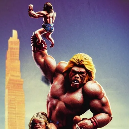 Image similar to giant wwf ultimate warrior holding small woman in his hands climbing a tall building like king kong, highly detailed, realistic movie poster