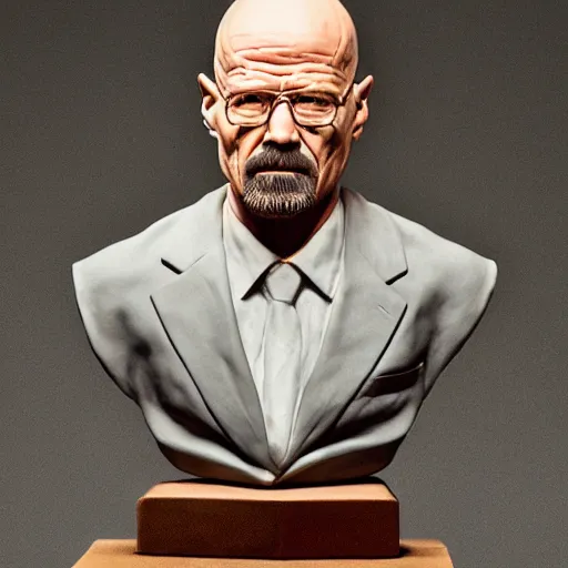Image similar to a clay sculpture bust of walter white, photograph, studio lighting, award winning sculpture