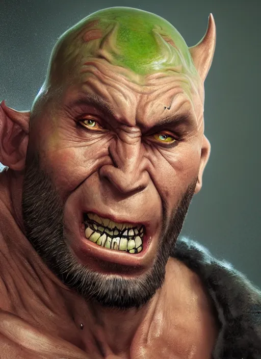 Image similar to A fantasy comic book style portrait painting of Dave Bautista as a crazed green orc, unreal 5, DAZ, hyperrealistic, octane render, RPG portrait, dynamic lighting