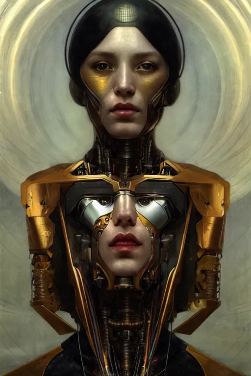 Image similar to full - bodied and portrait futurist cyborg empress, perfect future, award winning art by santiago caruso, iridescent color palette, symmetric face, by wlop and karol bak and bouguereau and viktoria gavrilenko