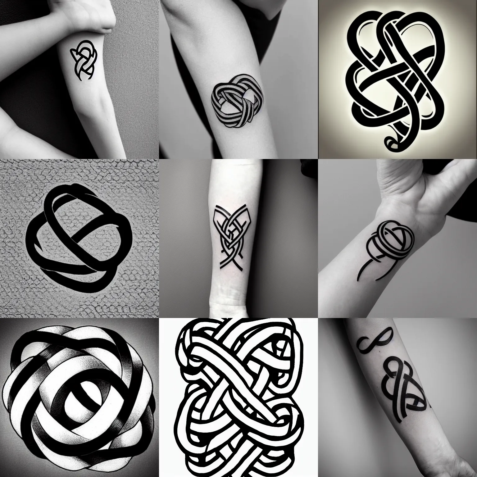 Prompt: simple infinite knot graphic tattoo design, black and white, clean lines, white background,