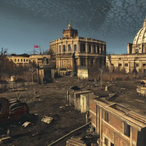 Prompt: vatican city in ruins post - nuclear war in fallout 4, in game screenshot