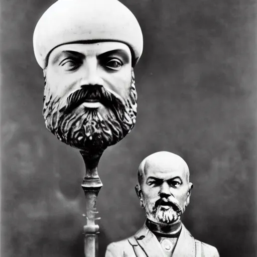 Prompt: guy with pot on his head and with bust of Lenin in his hands