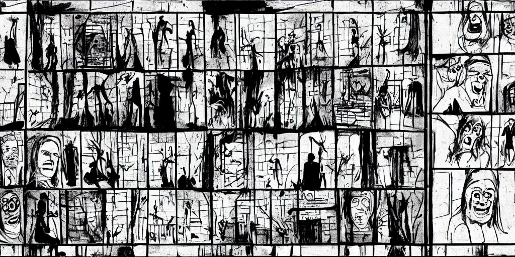 Prompt: storyboard of a horror movie