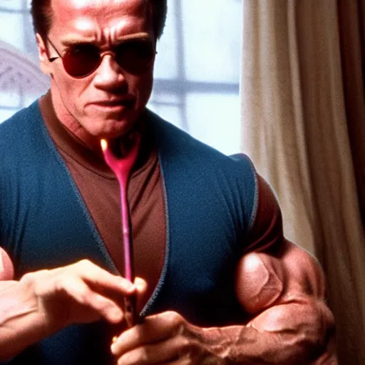 Prompt: Arnold Schwarzenegger as Harry Potter, holding wand, glasses, 4k movie screen capture, high detail