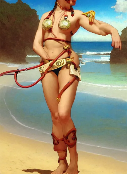 Image similar to portrait Slave Leia as sea lifeguard on the beach, full length shot, shining, 8k highly detailed, sharp focus, illustration, art by artgerm, mucha, bouguereau