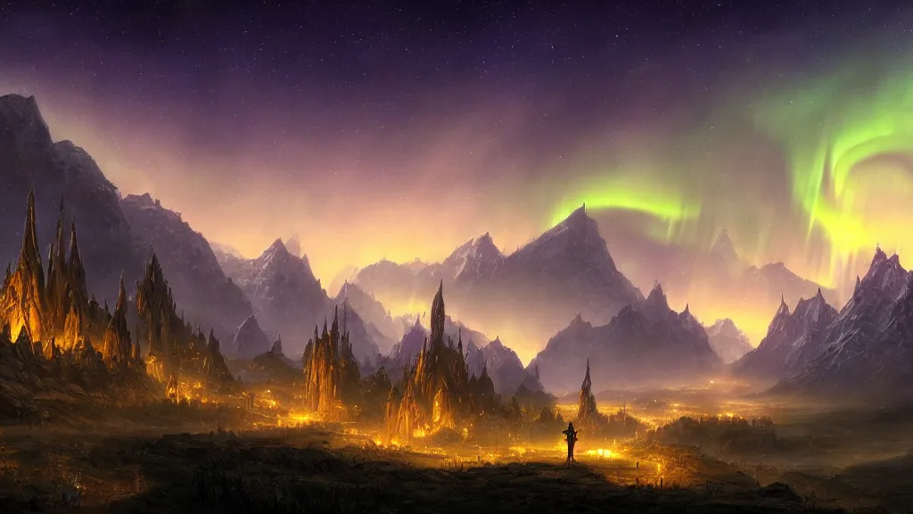Image similar to Wandering an elvish city at night, with beautiful glowing lights reflecting off the hilltops. Beautiful stars, aurora borealis. Magical Scene. Epic Landscape and City Painting by Tyler Edlin, and Michael Whelan, and J.R.R. Tolkien. 4K HD Wallpaper Premium Prints Available.