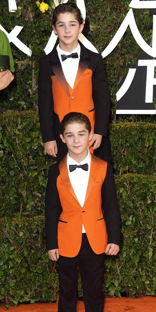 Image similar to 'young Shia LaBeouf wearing a frosty orange cross-cross weaved bamboo royal tuxedo'