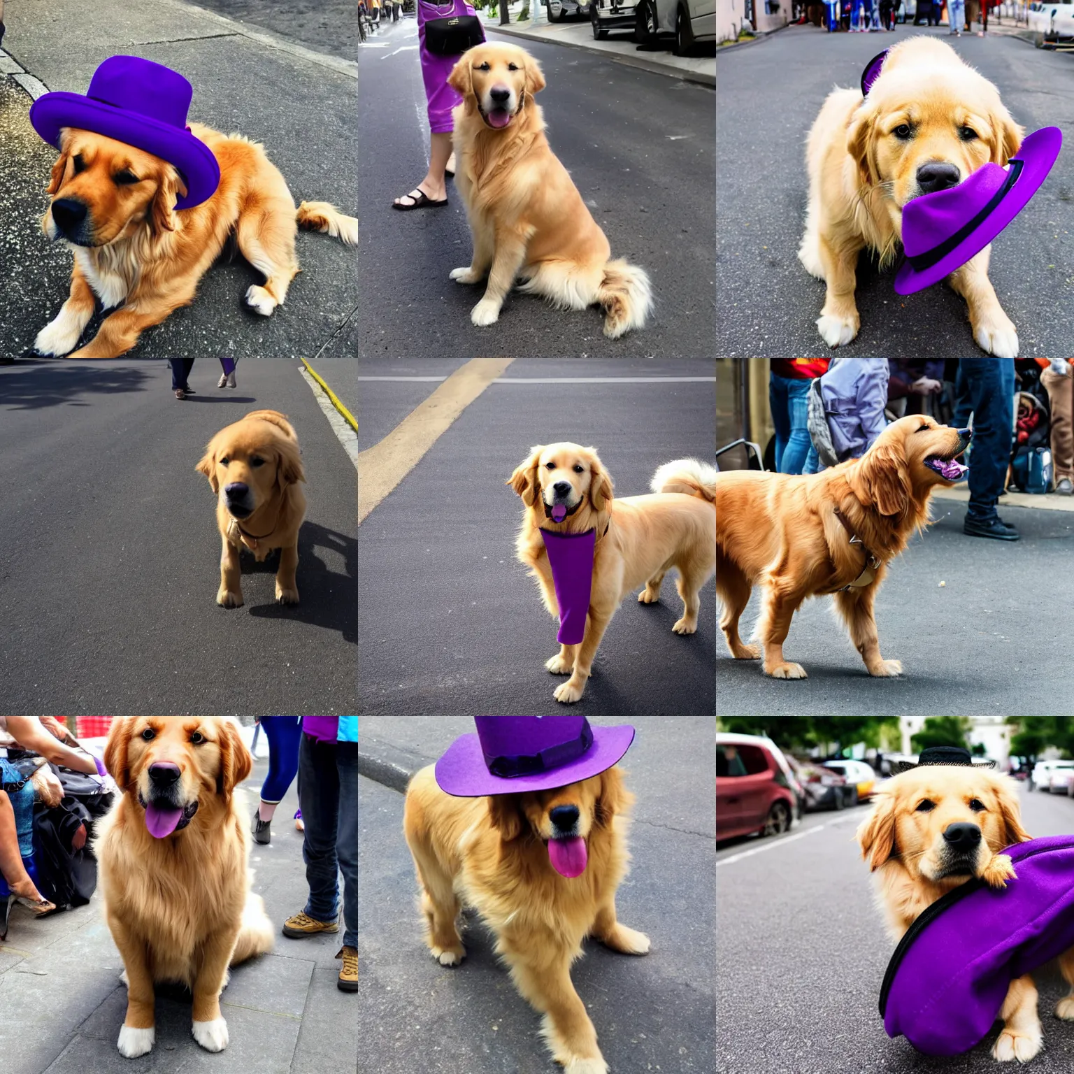 Prompt: a golden retriever dog in a purple fedora in a street