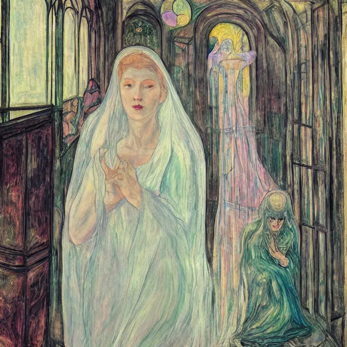 Image similar to woman in transparent vaporous night gown with demonic luminescent white apparition, with city with gothic cathedral seen from a window frame with curtains. night, vivid iridescent psychedelic colors, lamps. fra angelico, munch, egon schiele, henri de toulouse - lautrec, utamaro, monet, agnes pelton