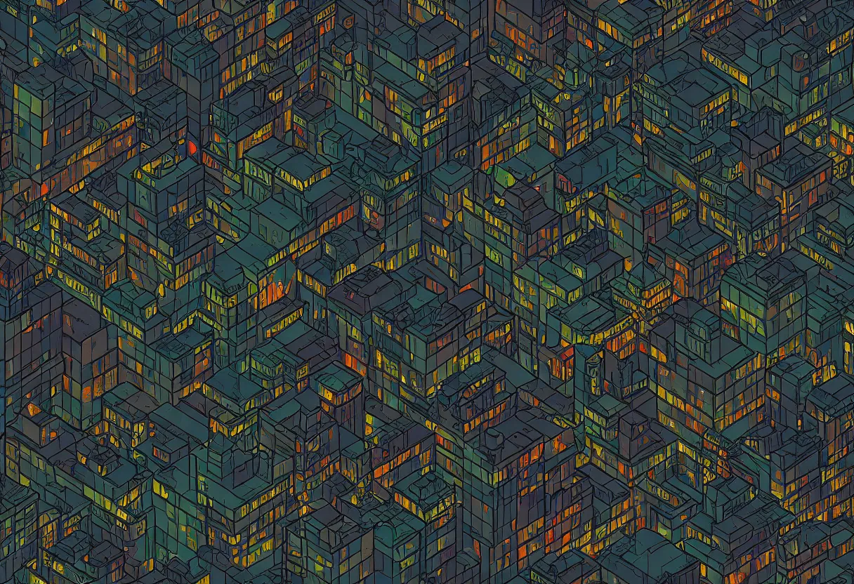 Image similar to dark city, night time, 16bits, pixel art, degradation filter, compression, low saturation, crushed colors , chromatic aberration, 2D, flat